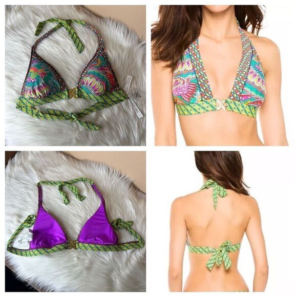 Trina Turk Folkloric Festival Halter Tie Back Bikini Top Size 12 - Picture 1 of 8
